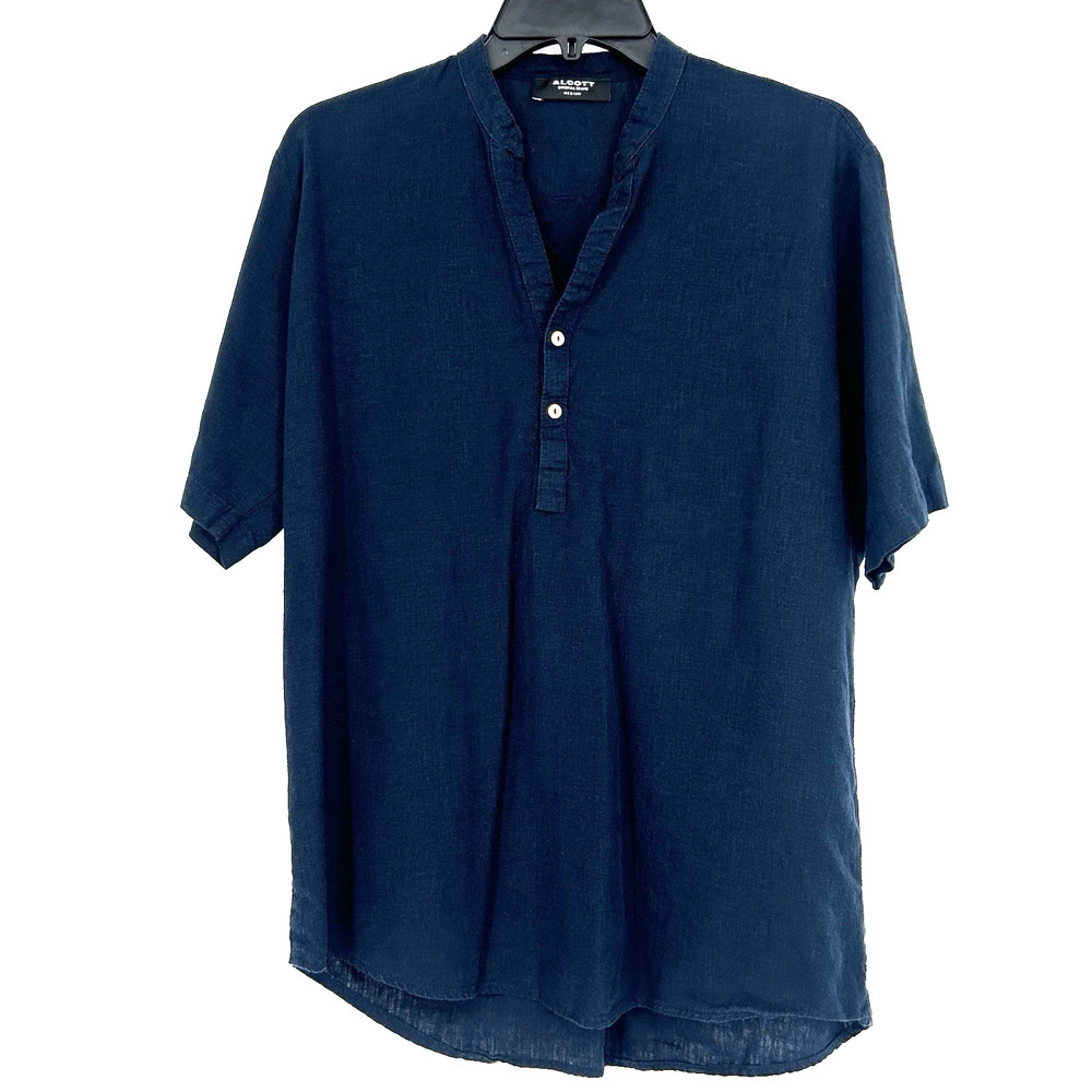 Alcott Mens Linen Blend Shirt Navy Blue Short Sleeve V Neck Casual Size M